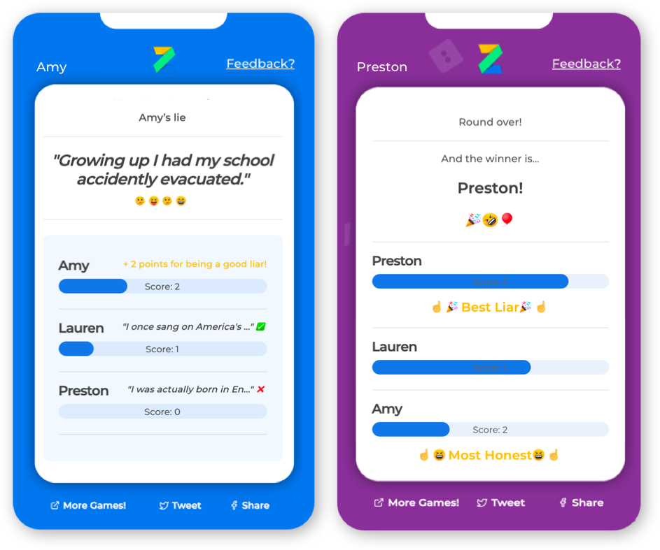 Screenshots of 2 Truths and a Lie game